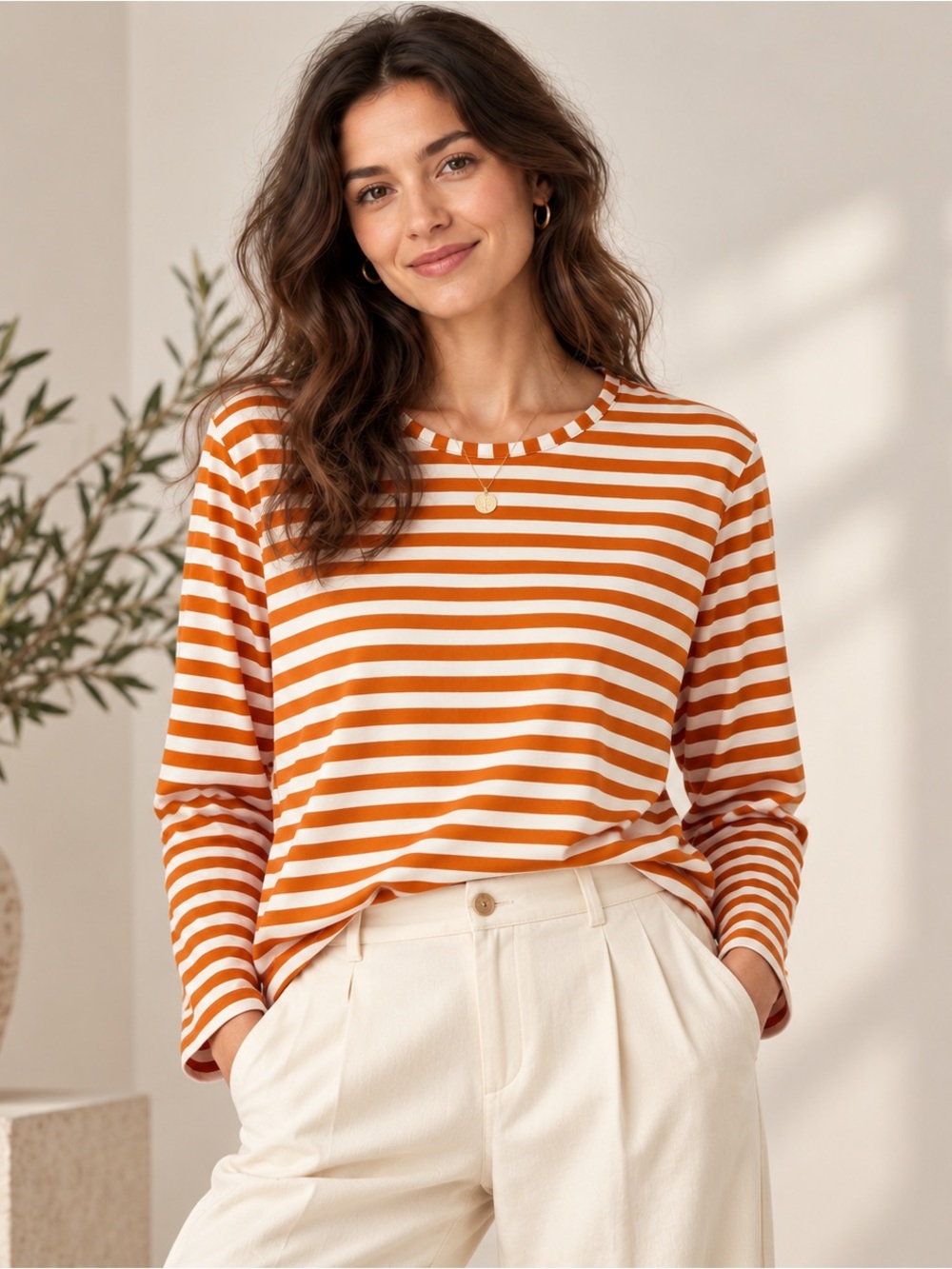 Gudrun Sjoden Women’s L Orange White Striped Organic Cotton Long Sleeve Top
